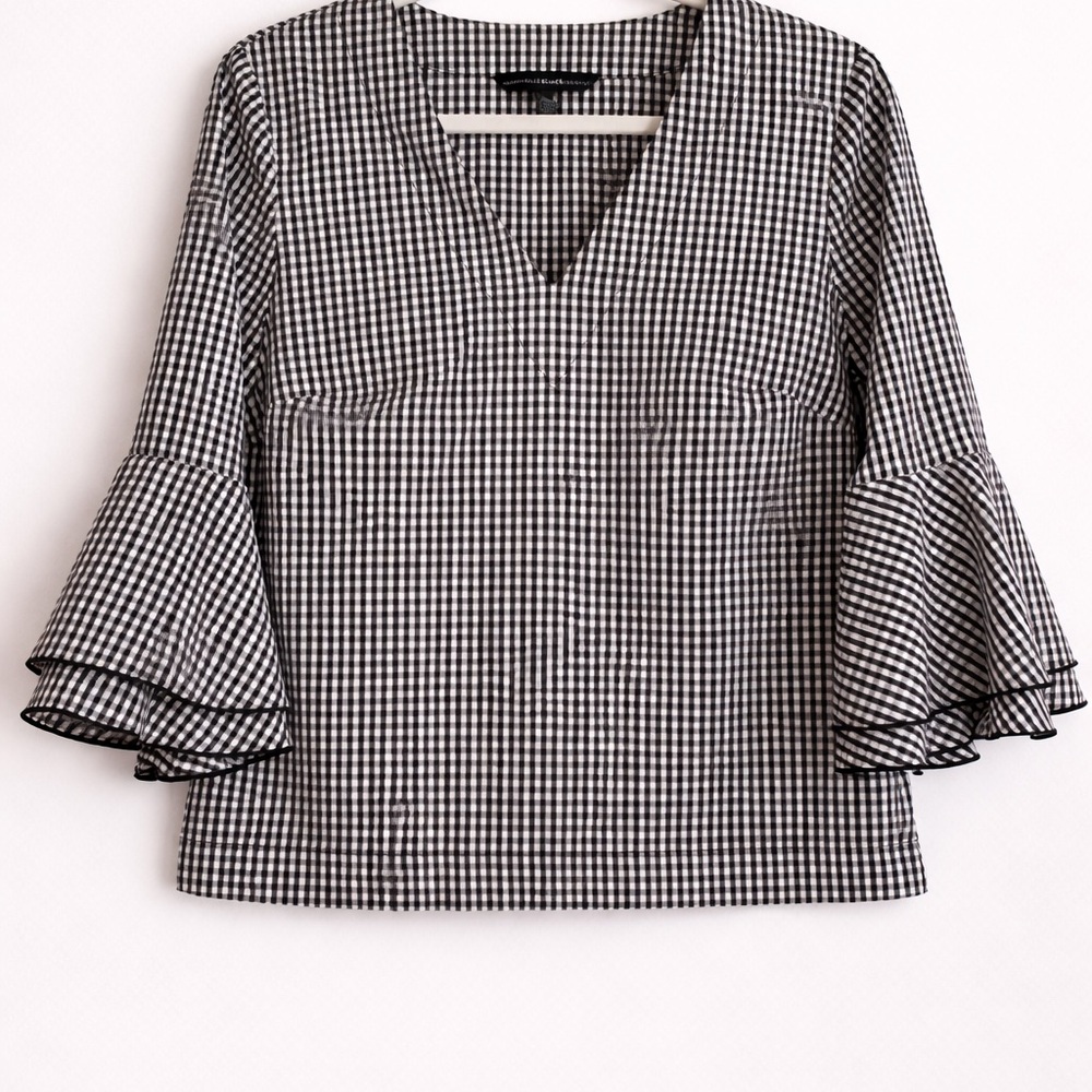 White House Black Market Black and White Gingham V-Neck Bell Sleeve Top